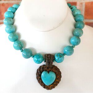 Vtg. Turquoise Beaded Necklace w/ Hand Carved Copper Heart Pendant Signed Fisher